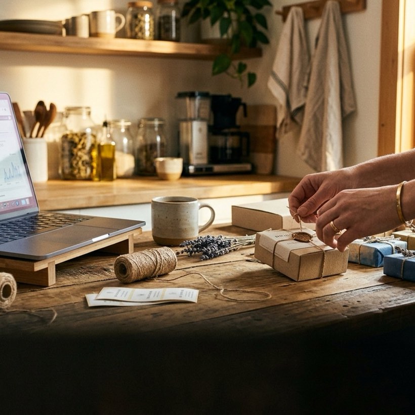 A small business owner working at a kitchen table