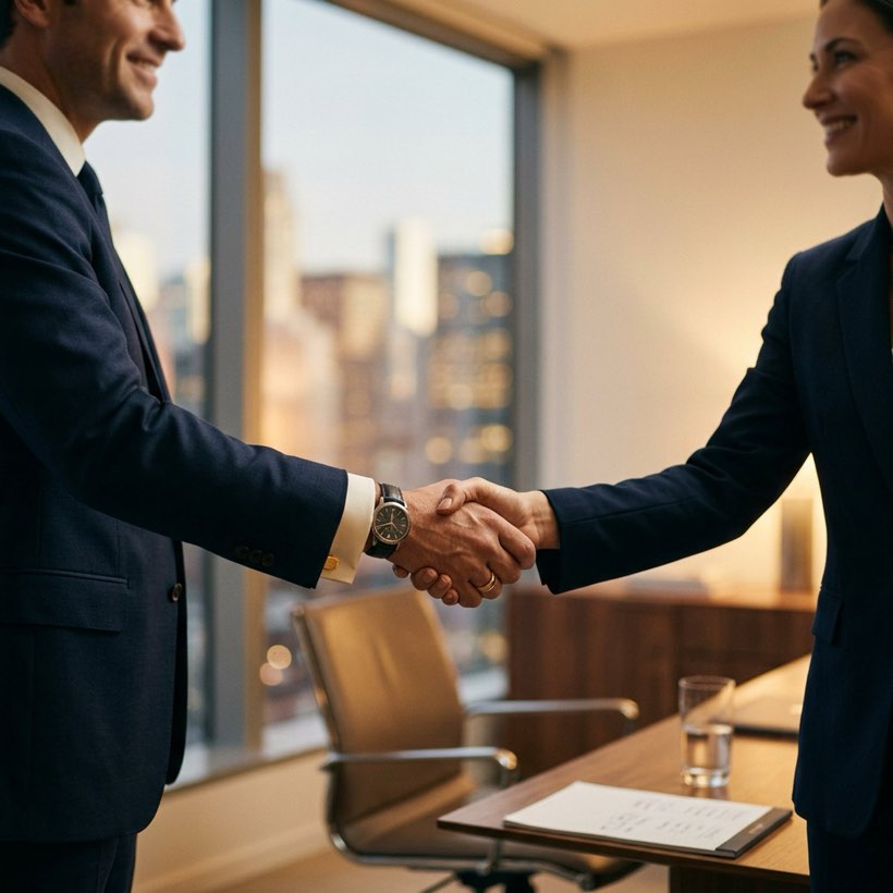 Two professionals shaking hands over a signed agreement