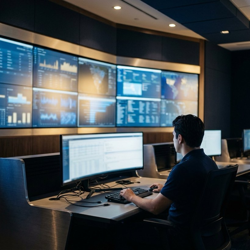 An operations analyst monitoring a wall of screens