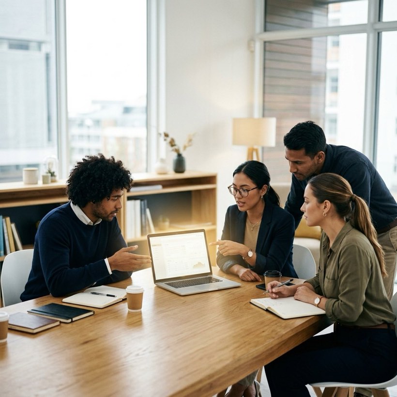 A small team reviewing figures together around a laptop